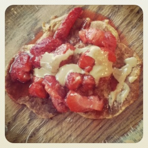 Peanut flour pancakes with homemade strawberry vanilla jam