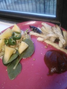 A new dinner: homemade edamame burger crumbles topped with spinach, jalapeno slices and pineapple, side of eggplant 'fries' and homemade BBQ sauce. 