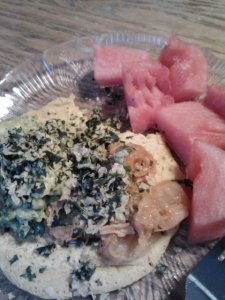 Dinner: socca topped with homemade spicy guacamole and raw kimchi and southwestern kale chips, side of watermelon