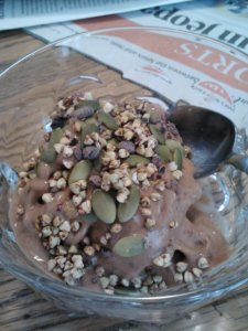 I prefer more balanced macros, as seen in this banana softserve creation--still raw, but with protein (Sunwarrior) and fat (pumpkin seeds). 